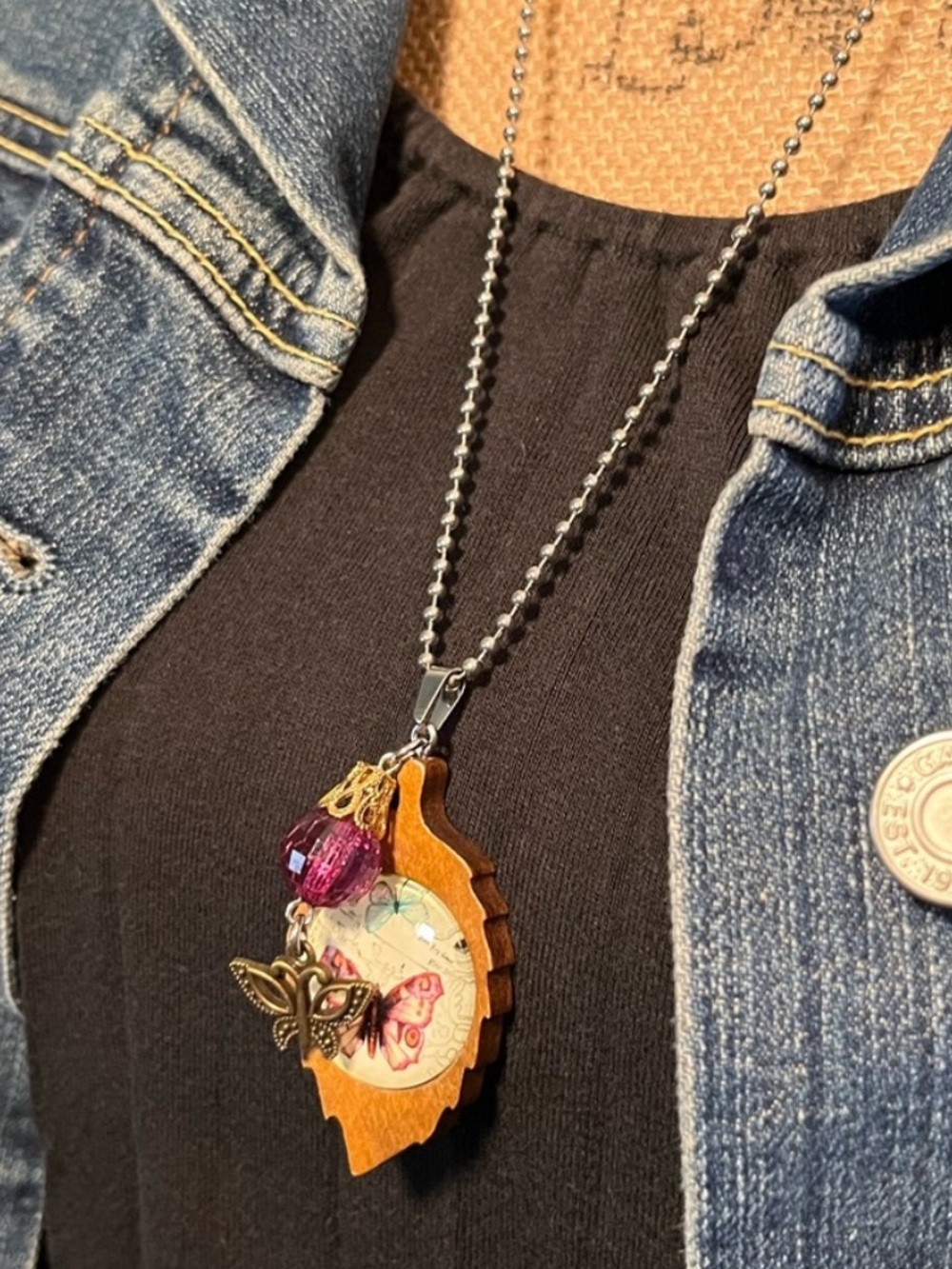 Handcrafted Wooden Leaf Butterfly Necklace Boho Nature Inspired 26” - Picture 2 of 15